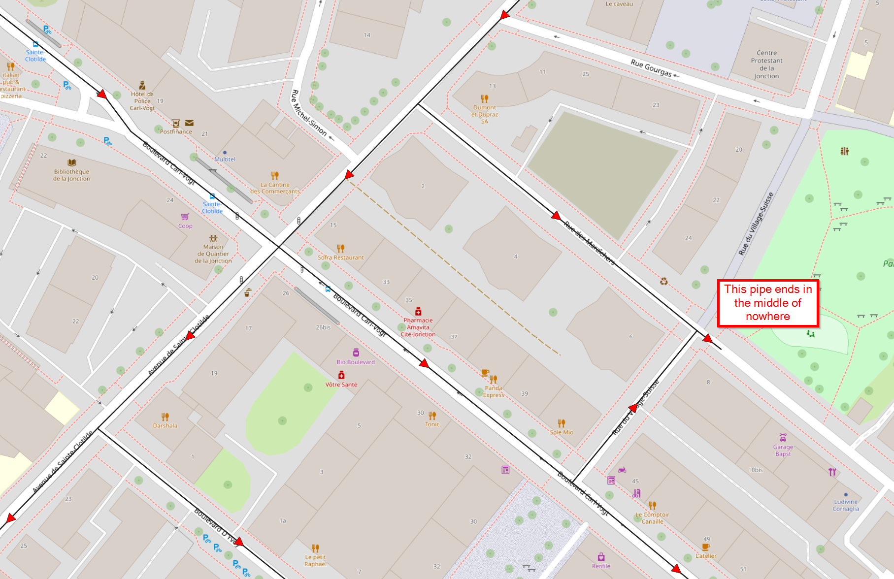 Example of a pipe ending abruptly in a place where it does not seem to make sense.